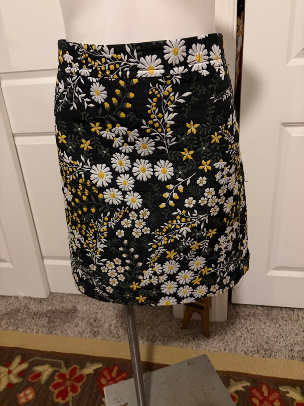LOFT Black Mini Skirt with White & Yellow Floral Embroidery